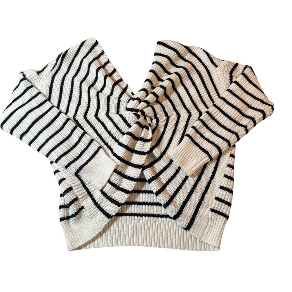 Main Strip Striped Twist Front Sweater Womens L Black Cream Knit